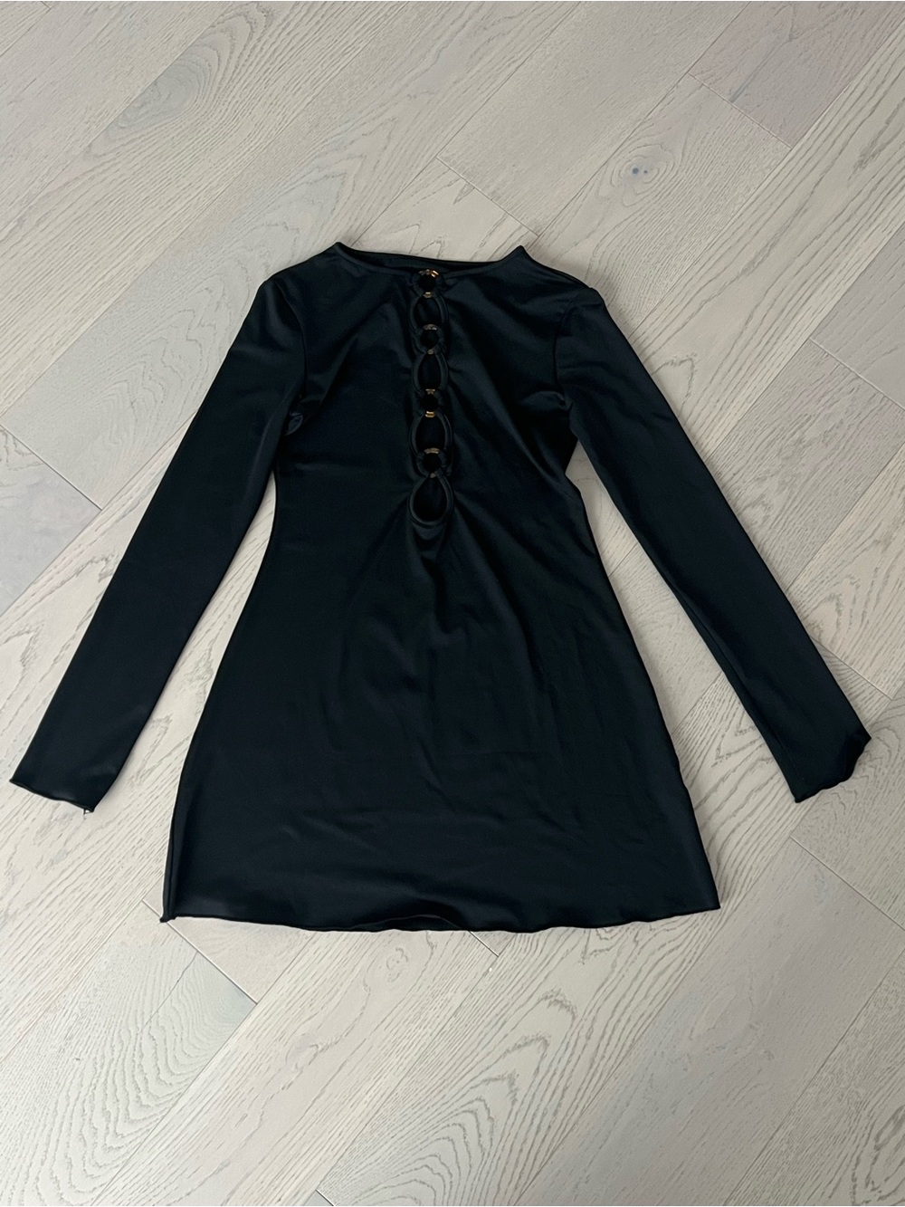 Black Long-Sleeve Mini Dress with Back Ring Detail